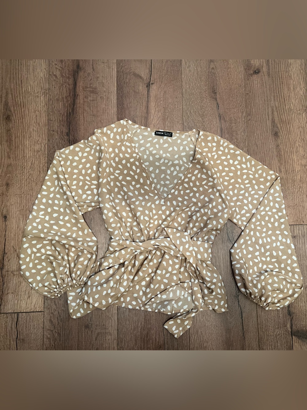 SHEIN Cream & Tan Printed Wrap Blouse